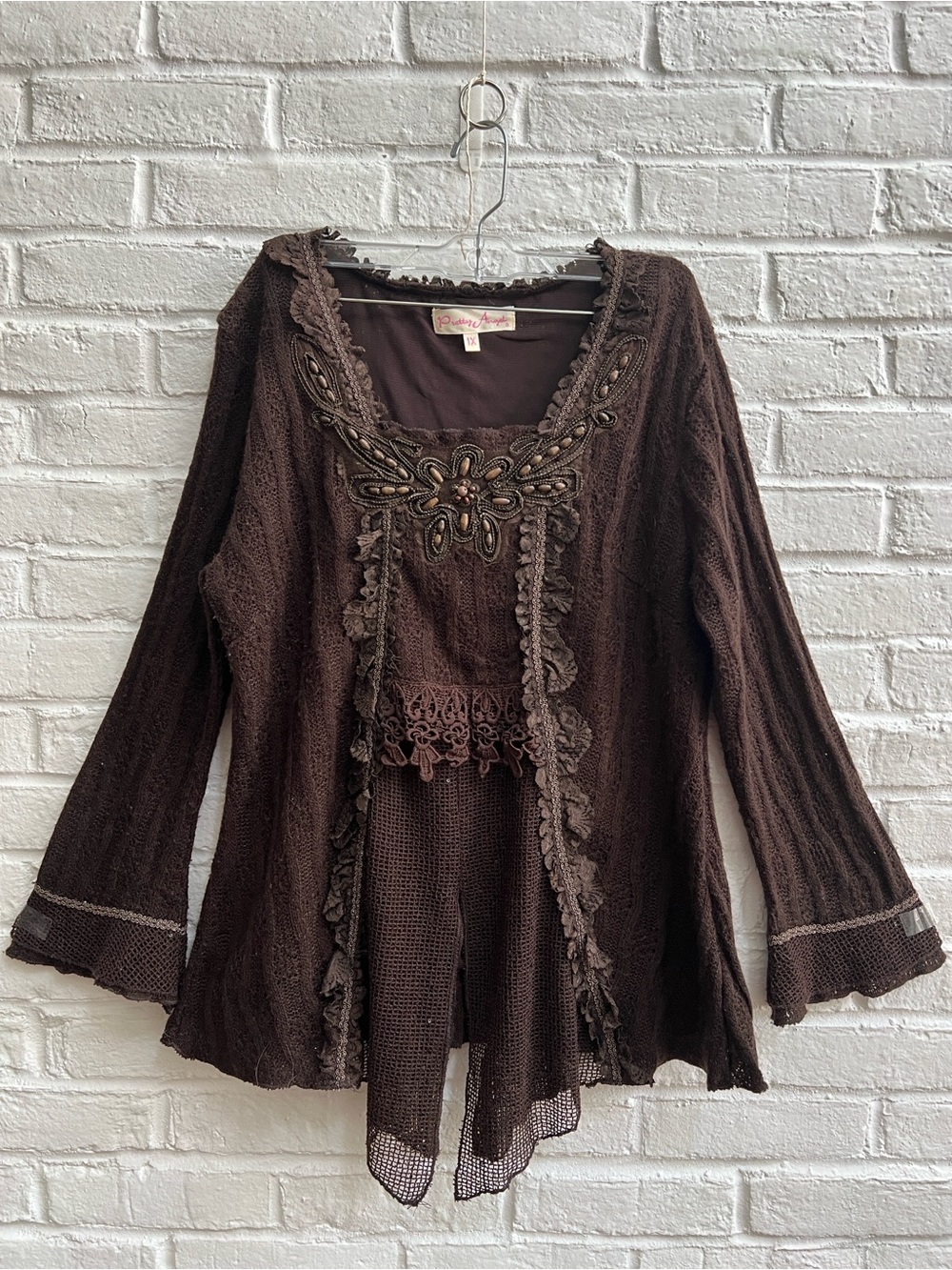 PRETTY ANGEL Brown Embroidery beaded Sweater Longsleeve Square Neck Mesh Lace - Picture 4 of 15